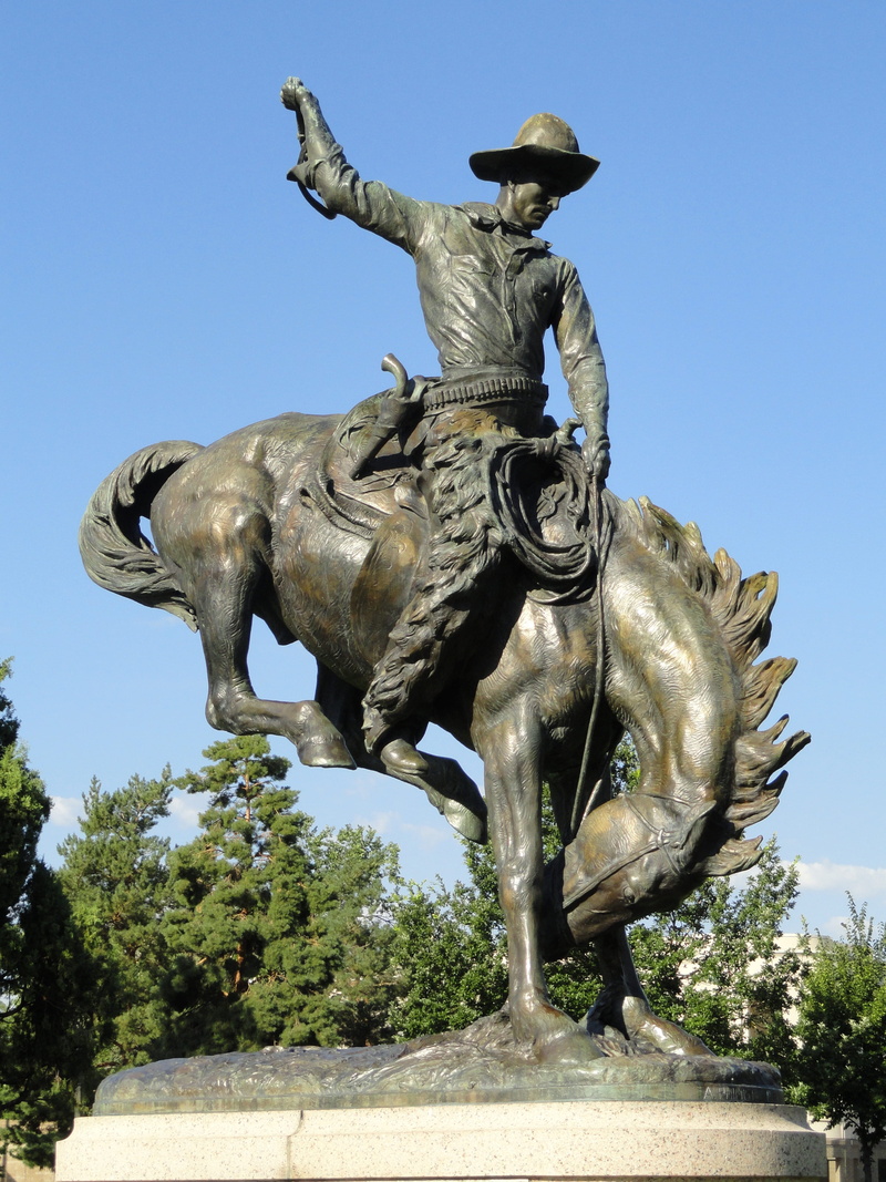 Statue, horse, creativity, male likeness, art and craft, Denver, denver, clear sky, 4K, colorado, plant, riding, trees, tree, low angle view, nature, Monument