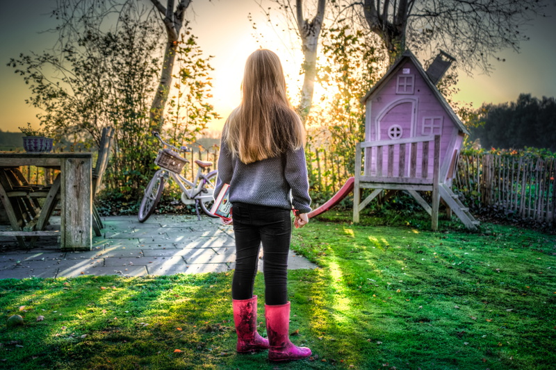closeup, female, ponytail, hdr, kid, small child, little, daughter, childhood, backyard, small, outdoor, grass, young, people, facing, casual clothing