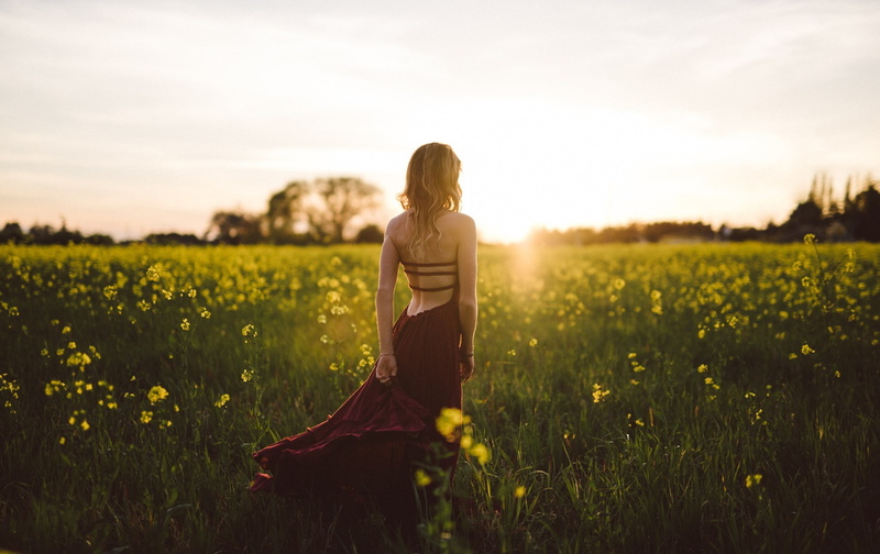 summer, field, girl, blonde, back, Burgundy, nature, dress, towards the sun, cherry, 1080P, beautiful weather, Isaac Gautschi, flowers