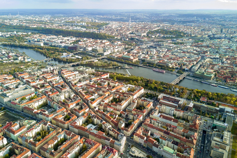 aerial view, day, water, residential district, building exterior, city life, historic, nature, cityscape, 4K, sky, city, view, built structure, prague
