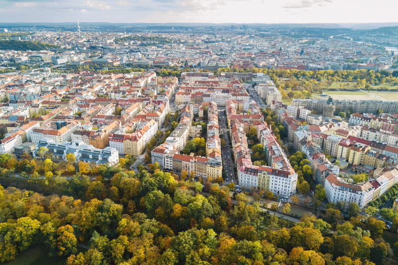 outdoors, high angle view, historic, building, aerial, sky, tree, cloud - sky, view, nature, city, built structure, aerial view, prague, townscape, no people