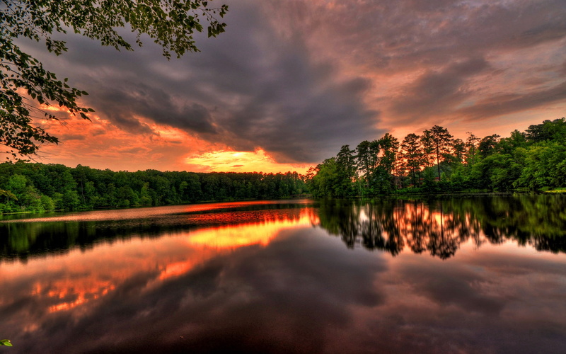 view, clouds, lake, sunset, forest, 2K, amazing