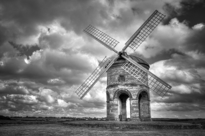 Chesterton Windmill, windmill, cloudy, BandW, Clouds, field, cloudscape, countryside, obsolete, sky, history, nature, sails, retro Styled, famous Place