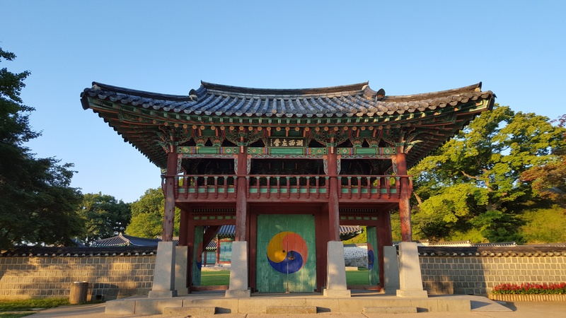 shrine, red, spirituality, building, sky, art and craft, republic of korea, cultural property, tree, gray, outdoors, place of worship, nature, autumn, autumn sky