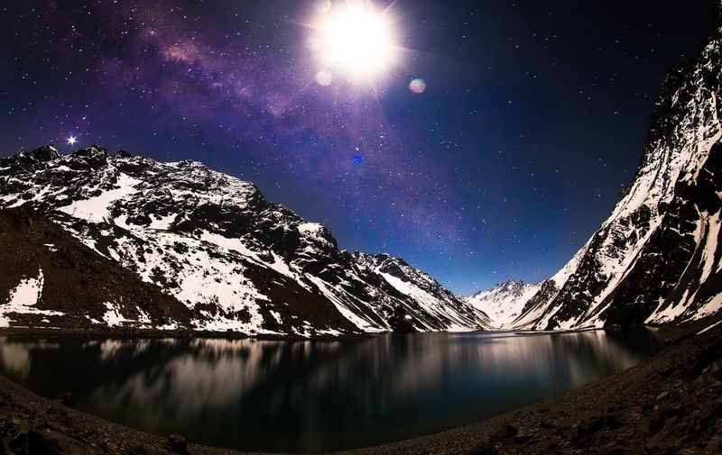 outdoors, 720P, lake, astronomy, Milky Way, galaxy, mountain range, Chile, sky, no people, snowcapped mountain, mountain, water, Moon, tranquil scene