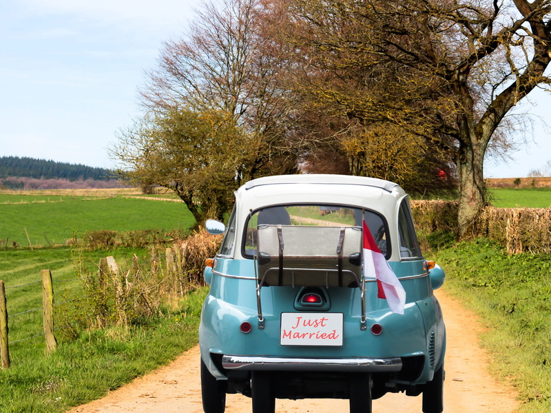 outdoors, honeymoon, Just Married, day, brown, before, green color, motor vehicle, teal, wedding car, tall, field, holiday, marriage, Bride And Groom, Wedding