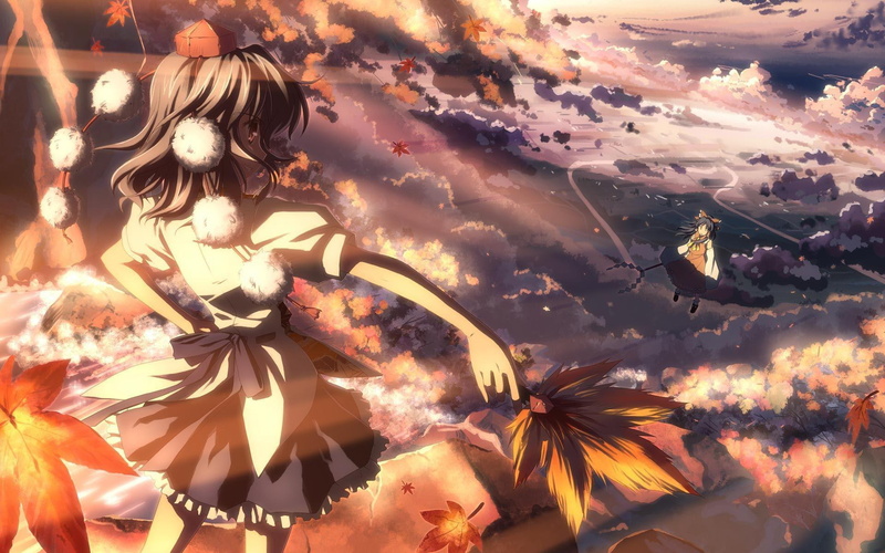 wearing, cloud, leaf, sky, towards, white, holding, brown, skirt, girls, flying, top, 1080P, black, anime, woman, 1920x1200