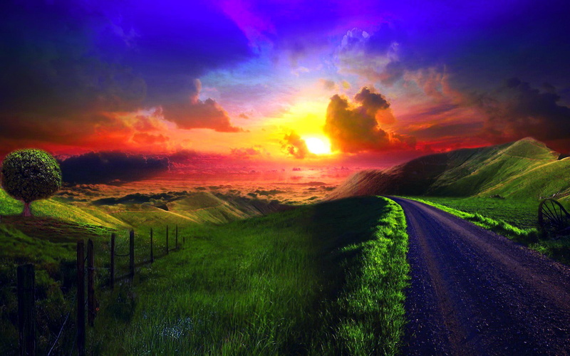rays, orange, 1080P, sunse, dreamy, lovely, hills, fantastic, life, fence, grass, mountains, towards, sunlights