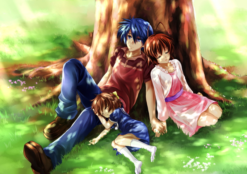 bow, tomoya, 4K, tree, furukawa, grass, short, yasou, okazaki, blue, yomi, eyes, clannad, hair, brown, ushio, nagisa