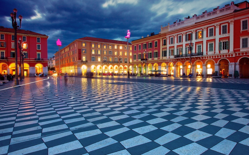 1080P, nice, white, Buildings, Night, building, France, red, Lights, concrete, place, Massena
