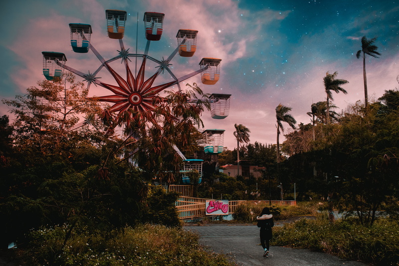 sky, Taipei, dusk, illuminated, transportation, ferris wheel, tree, outdoors, taiwan, building exterior, city, ride, ferris, wheel, plant, built structure