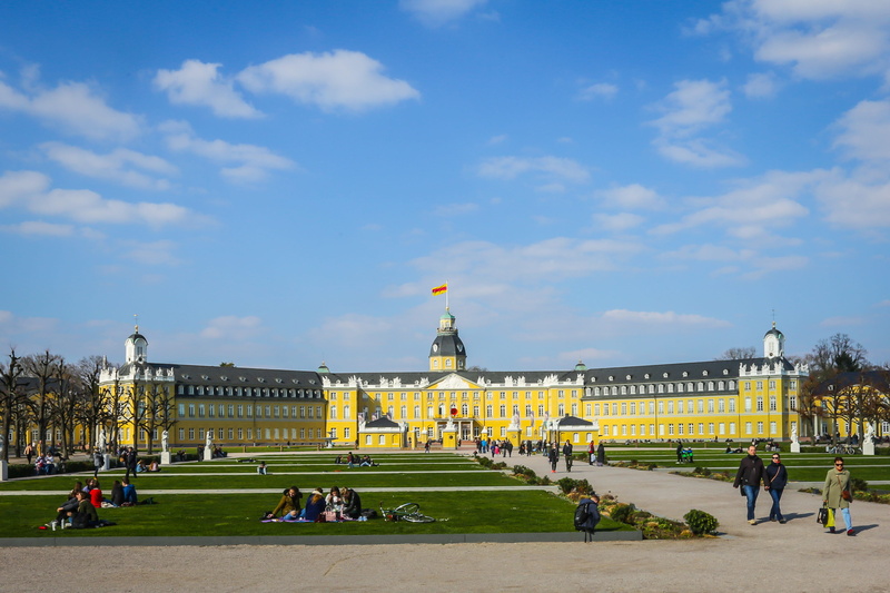 travel, built structure, lifestyles, ruler, crowd, castle, grass, the past, history, day, sky, nature, 4K, group of people, karlsruhe, swim, architecture