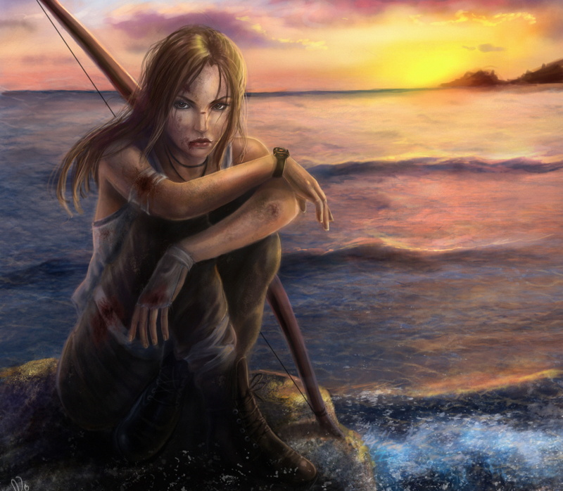 blood, Lara Croft, brown, anime, holding, 2K, gloves, sunset, water, digital, hair, stone, weapons, the game, sitting, look, sea, Tomb raider