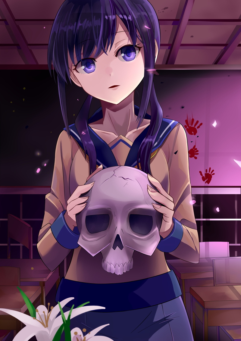 beautiful woman, adult, Anime, indoors, school uniform, mask - disguise, shinozaki ayumi, skull, mask, corpse party, beautiful people, human body part