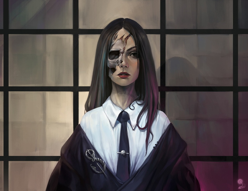 face paint, wall - building feature, hairstyle, indoors, front view, architecture, spooky, 1080P, women, one person, glass - material, costume, lifestyles