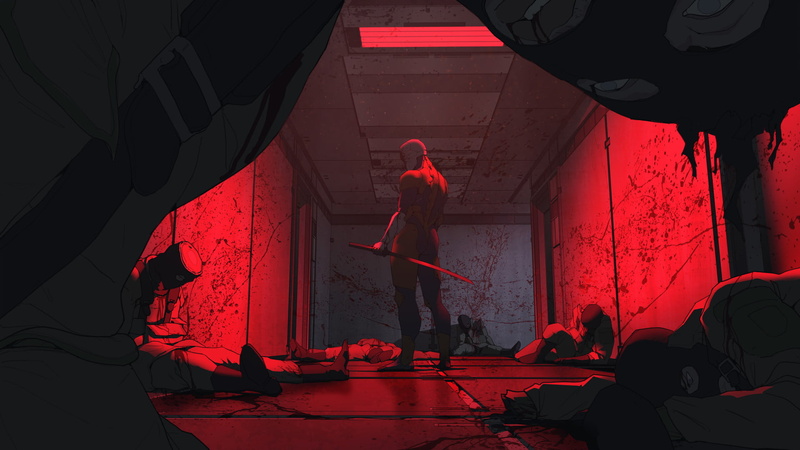 katana, artwork, 1080P, concept art, corpse, Wouter Gort, blood, men, back, digital art, red light, Grey Fox, Metal Gear Solid