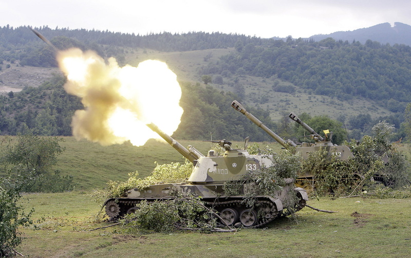 tanks, 1080P, howitzers, field, self-propelled, three, fire, SAU 2S3, green, battle