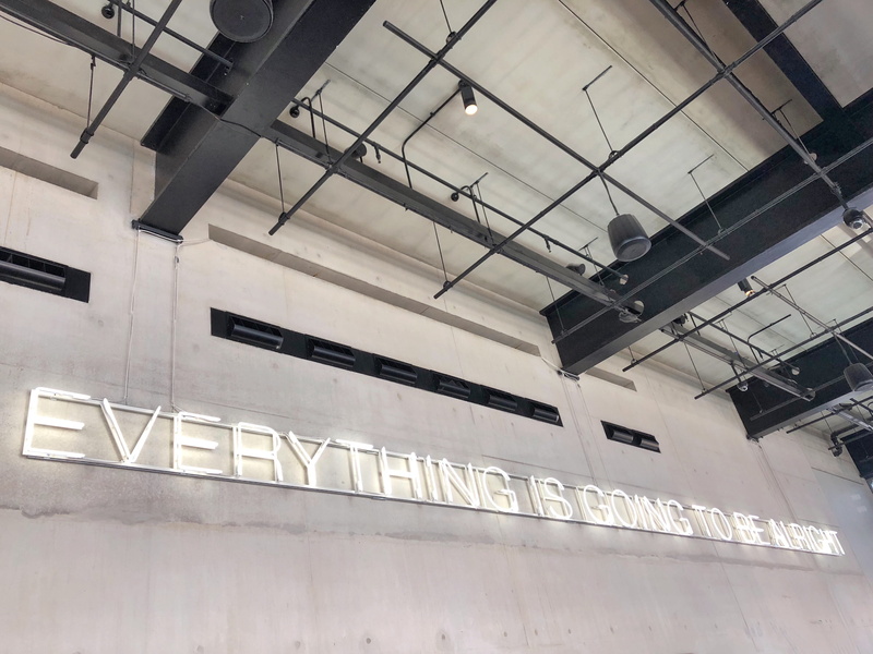 everything is going to be alright, screensaver, message, lighting equipment, building, hangar, railing, sentiment, london, uk, tate modern, ceiling fan