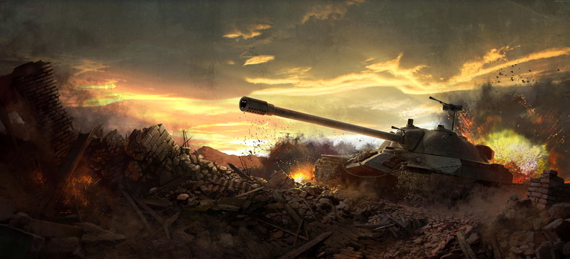 screenshot, fire, IS-7, clouds, 8K, PC, sunset, sky, battlefield, game, art, World of Tanks, tank, 4k, 5k