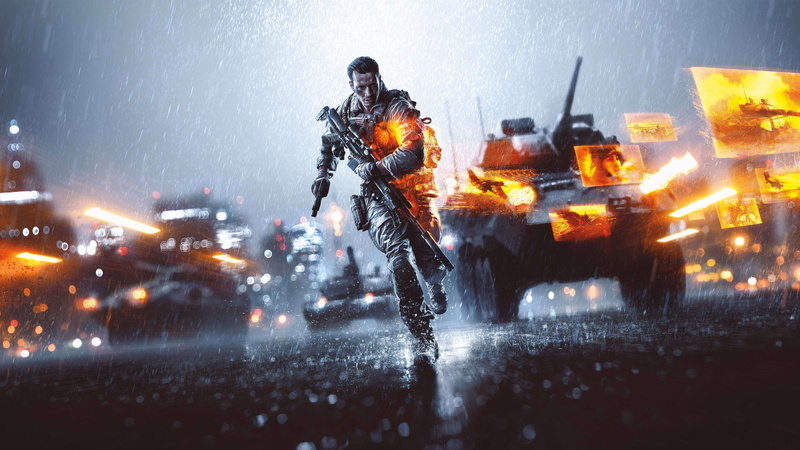 soldier, suit, 4k, tank, bokeh, screenshot, battleground, PC, 5k, game, black, shooter, gun, Battlefield Hardline, 2015, man, 8K, fire