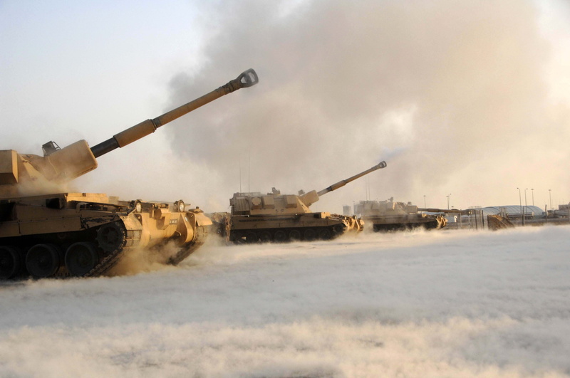 government, cannon, artillery, armored tank, military, day, outdoors, transportation, three, gray, trunk, AS 90, armed forces, smoke - physical structure