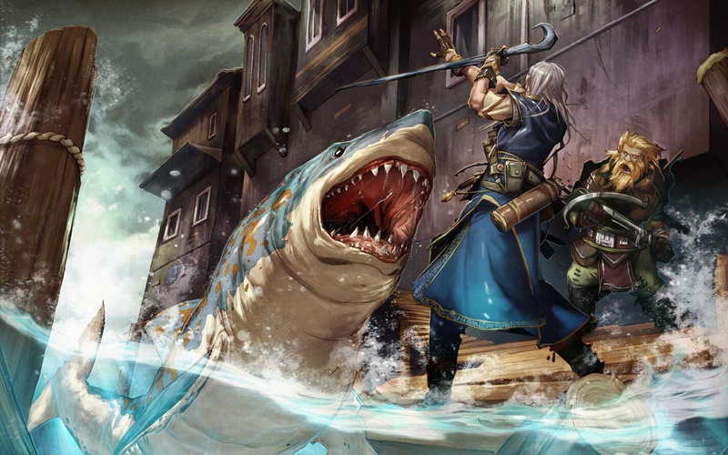 artwork, 720P, buildings, piers, sharks, art, crossbows, fantasy, pathfinder