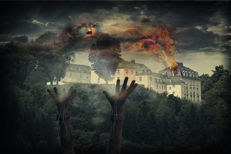 tree, flame, building, hand, forest, city, fantasy, burn, fire, cityscape, residential district, smoke - physical structure, composing, photomontage, castle