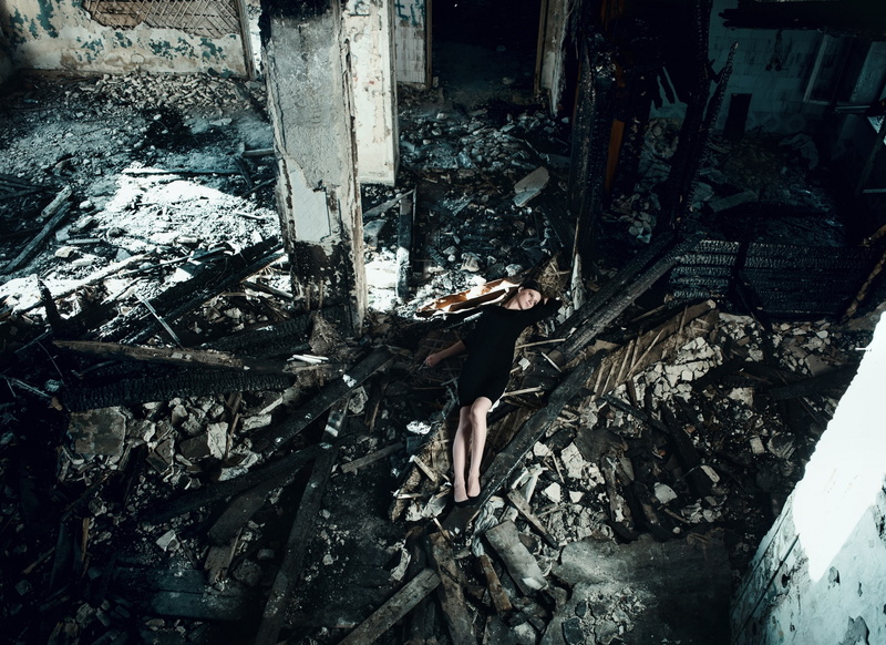 Mike Shatikhin, garbage, brunette, dress, the conflagration, portrait, devastation, 1080P, young, look, model, girl, light, russian, pose, shoes, lies