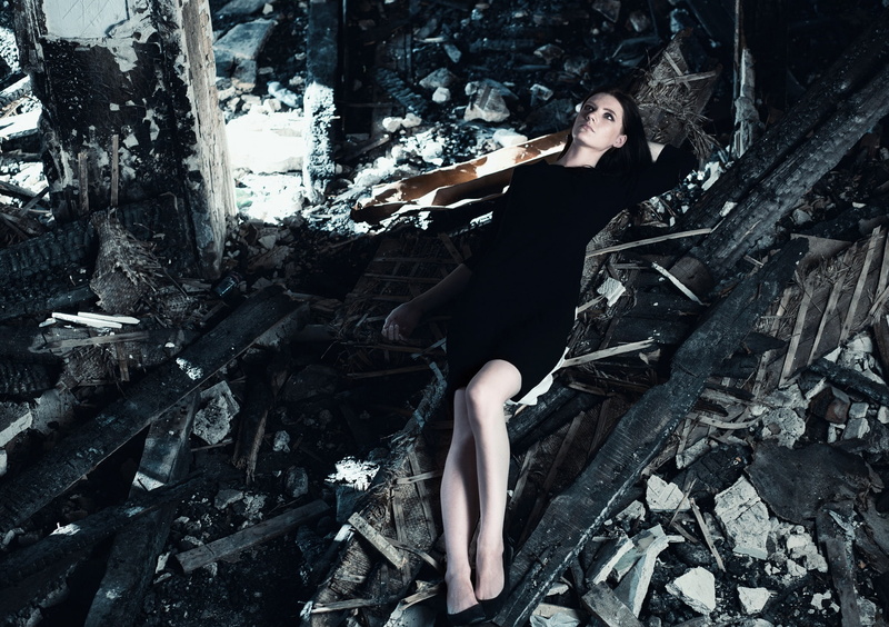 garbage, the wreckage, black, lies, dress, devastation, shoes, girl, brunette, pose, Mike Shatikhin, light, reverie, portrait, model, young, 1080P, russian