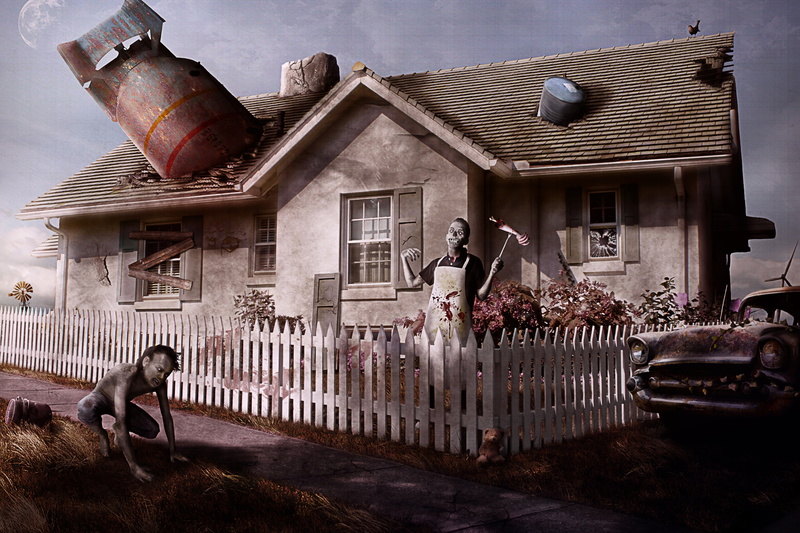 nuclear missile, barrel, zombies, house, machine, the fence, illustration, postapokalipsis, 4K, Say welcom to your new neighbors