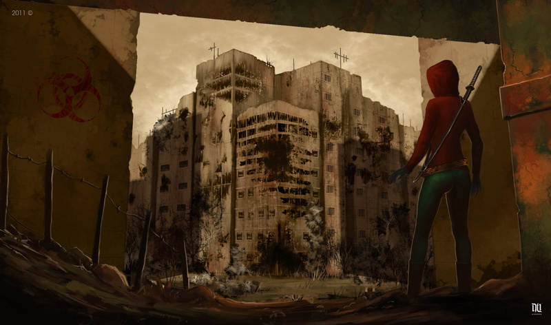 adult, lifestyles, Japan, city, standing, rear view, abandoned, building, real people, building exterior, men, 1080P, digital composite, deterioration
