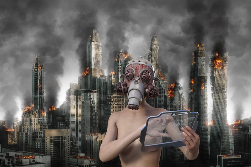 the end of the world, steampunk, smoke - physical structure, contemplation, building, apocalypse, industrial, urban skyline, skyscraper, built structure