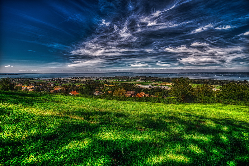 photo shoot, plant, landscape, lake, cloud, cloud - sky, green color, scenics - nature, photoart, environment, blue sky, lakeside, field, growth, grass