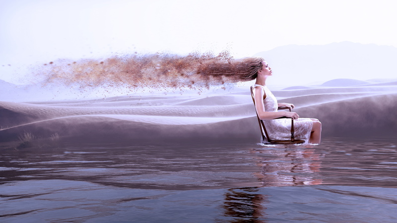 water, hair, chair, girl, photoart, rendering, pond, sitting, the collapse, profile, 4K, dress