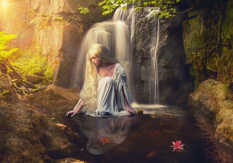 blonde, Sergei Kinds, mood, pose, girl, waterfall, long hair, stones, photoart, 1080P, water