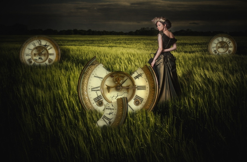 girl, watch, 1080P, photoart, field, grass