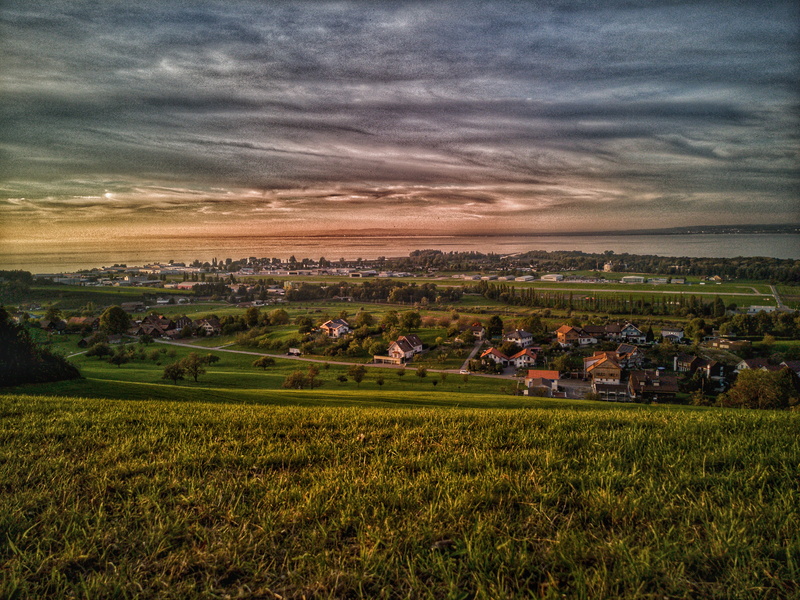 view, photoart, sky, viewpoint, field, no people, rural scene, switzerland, scenics - nature, cloud - sky, cloud, lake, photo, plant, grass, tranquil scene