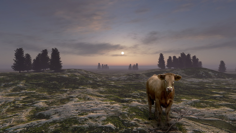 twilight, nature, photoart, hills, rendering, the sky, cow, trees, 4K, field, dal, fog, clouds