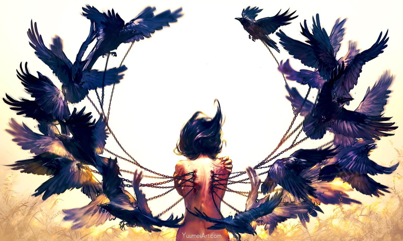 back, 720P, birds, painting, dark hair, digital art, rear view, raven, long hair, artwork, flying, women, crow, chains