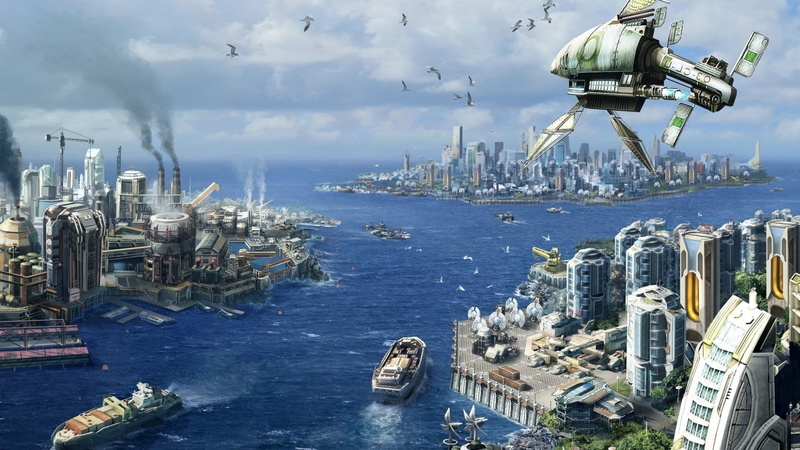 Futuristic, clouds, Birds Eye View, helicopters, building, smoke, digital art, Factories, birds, ship, Skyscraper, Cityscape, Cranes (machine), 1080P