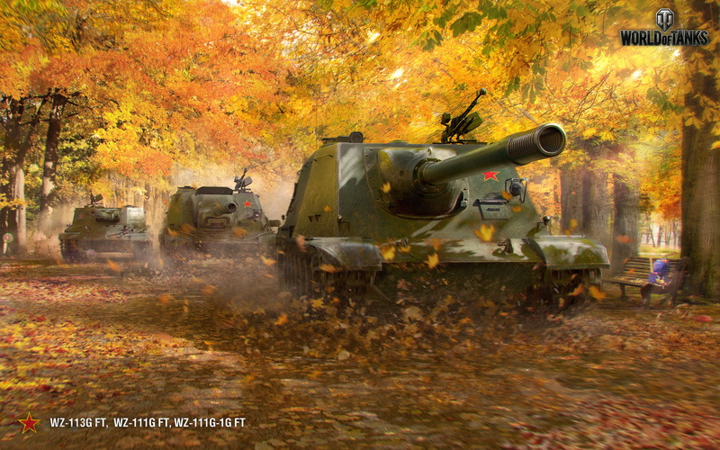 Autumn, gray, three, Chinese tank destroyers, daytime, World of Tanks, battle, 2K, tanks
