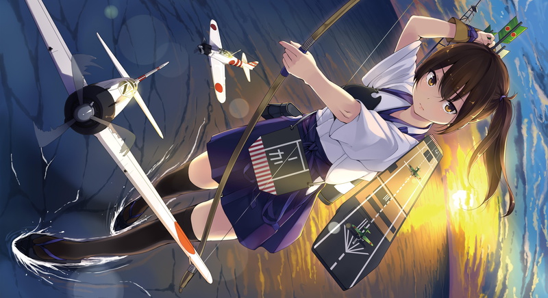 art, casual clothing, unasaka ryou, nature, character, girl, look, outdoors, gesture, flag, sea, young women, sunset, young adult, celebration, aircraft