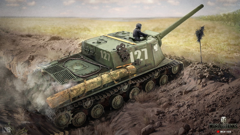 earth, the trenches, World of Tanks, Soviet, trench, The ISU-122, field, art, PT-ACS, 1080P, Nikita Bolyakov, figure