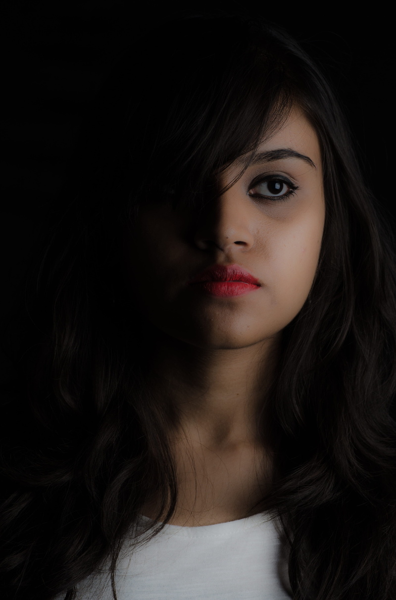 front view, people, hairstyle, young women, sadness, sad, headshot, indoors, women, long hair, child, person, black background, face, female, 4K, expression
