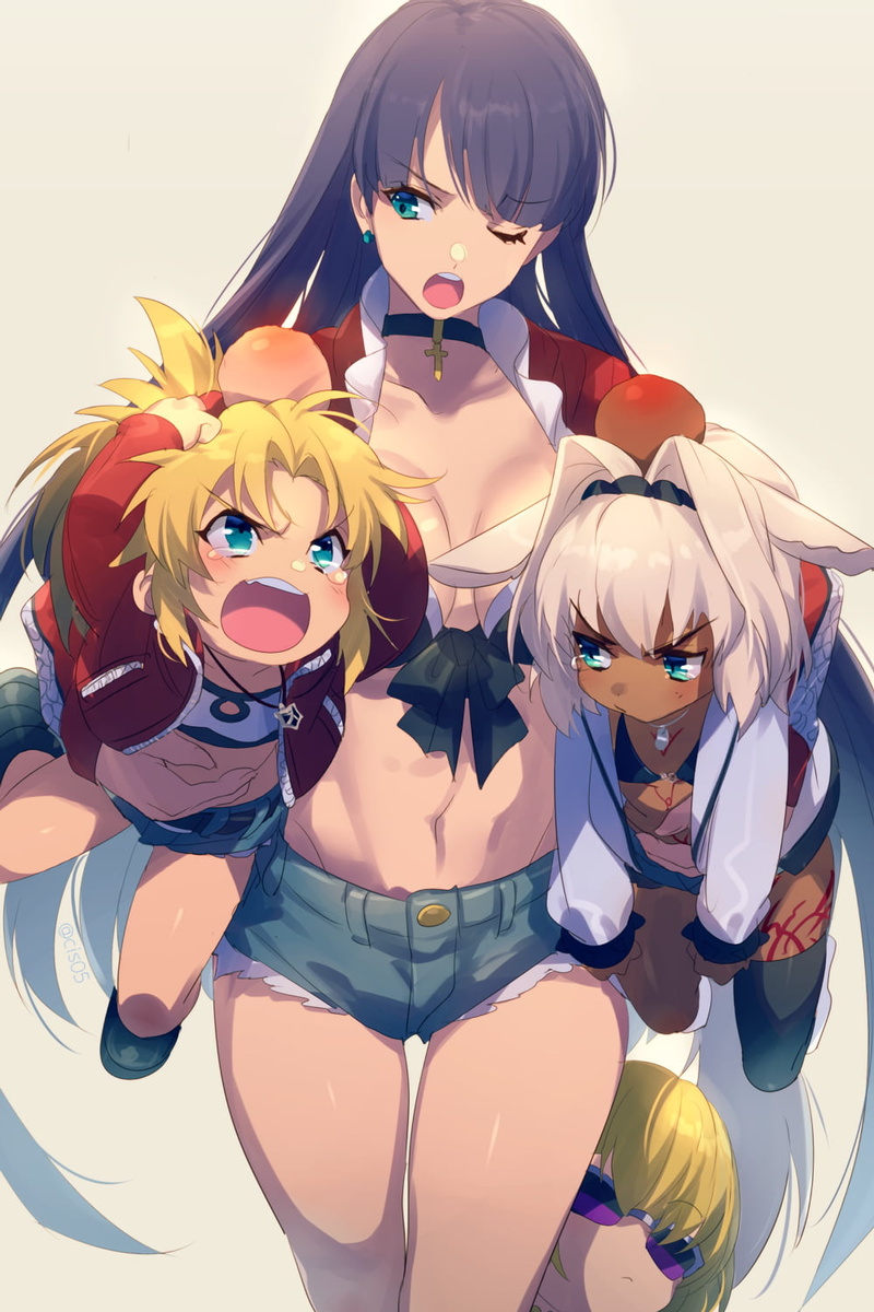 silver hair, cis05, short shorts, purple hair, green eyes, bikini bottoms, Mordred (Fate/Apocrypha), crying, FGO, Caenis, bruise, Sakata Kintoki, Fate Series