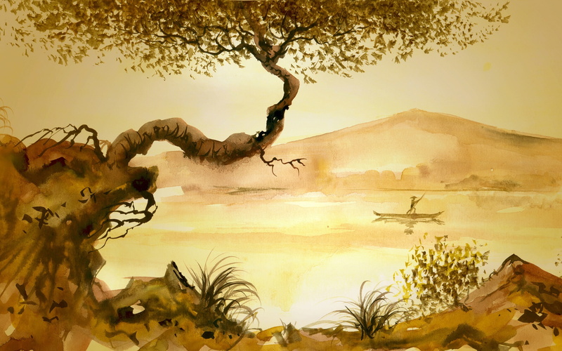 tree, grass, junk, man, lake, 2K, painting, asian, mood