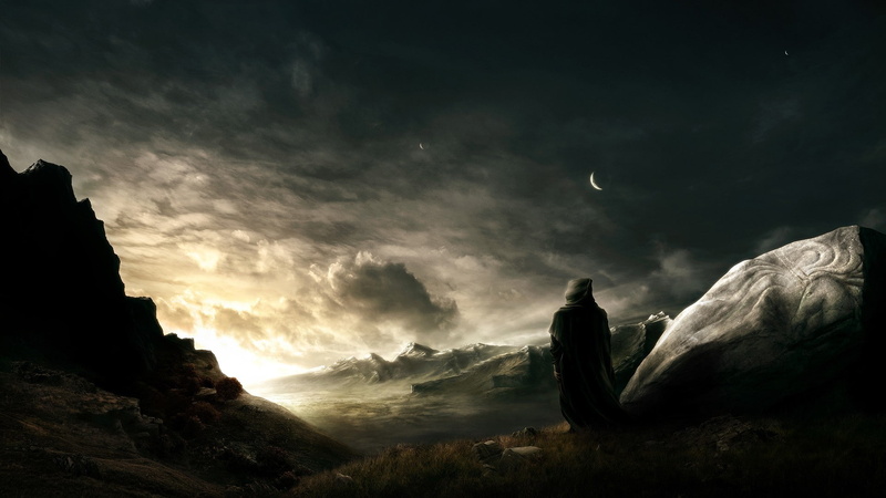 cloaks, Moon, planet, sunset, mountains, sky, 1080P, hoods