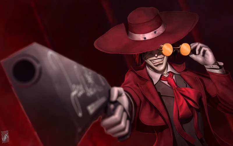anime, glasses, Hellsing, 4K, art, hat, Alucard, gun, vampire