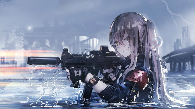 wet, long hair, smoke, gun, girls with guns, 1080P