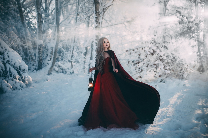looking away, 1080P, women outdoors, snow, nature, winter, red dress, cloaks, lantern, fantasy girl